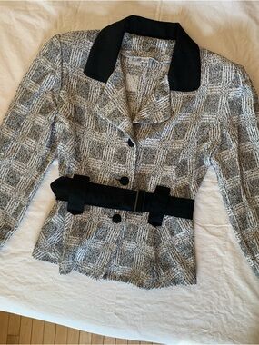 Vintage Women's Black & Gray Textured Belted Blazer Jacket